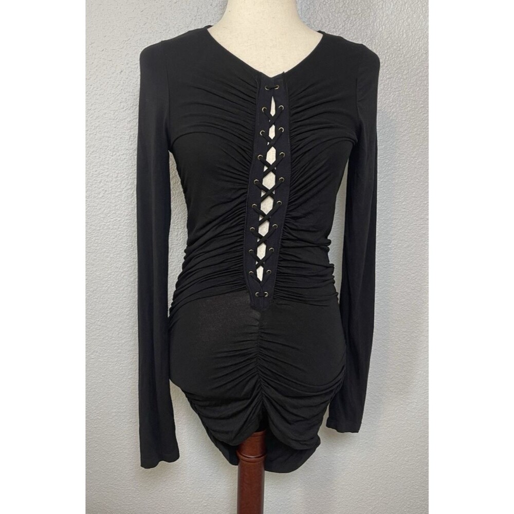 Free People black bodycon mini tie front long sleeve dress NWOT Small MSRP $90